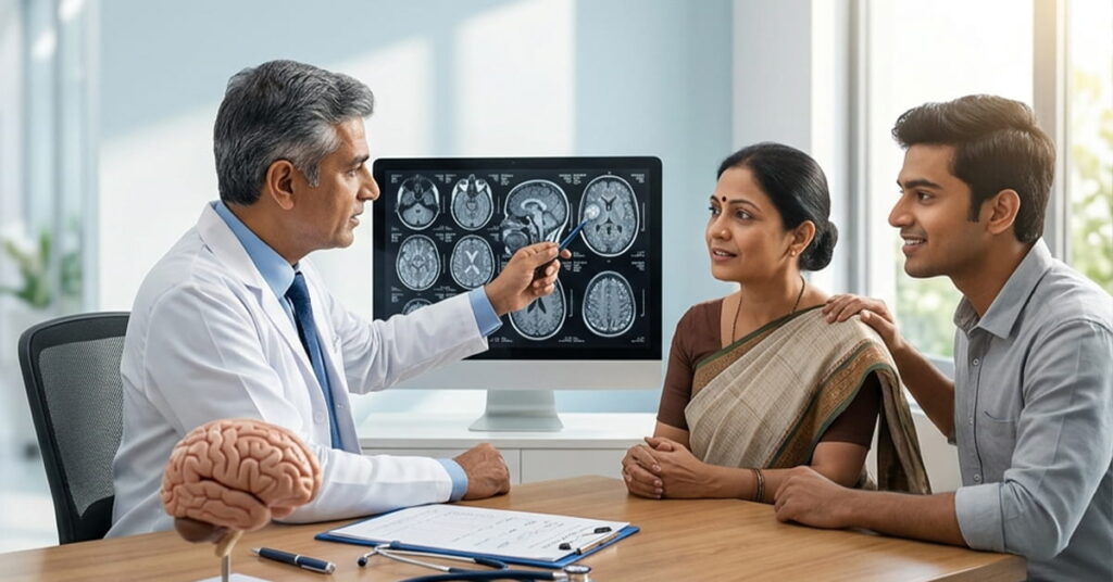 Doctor explains brain MRI scans to a couple during a medical consultation, with images visible on a monitor in the background.