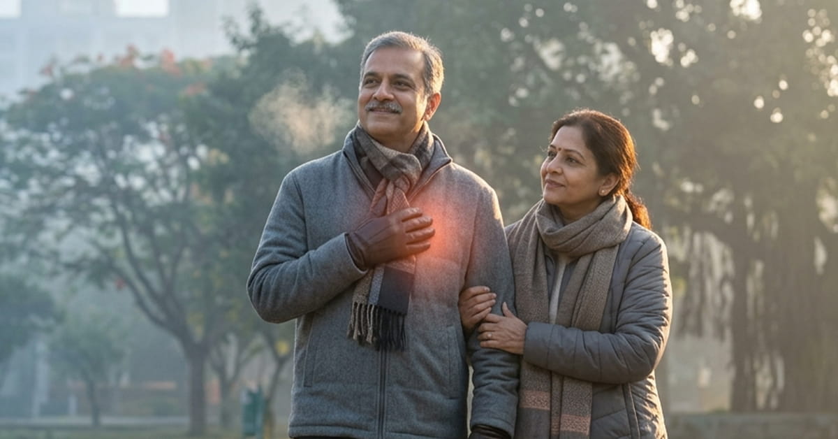 Man touches chest with a warm glow as he walks in a park, supported by his partner who holds his arm.