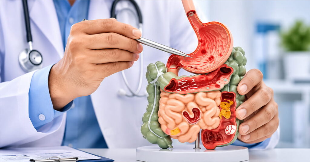 Medical professional demonstrating a colorful digestive system model, pointing with forceps at the stomach area.