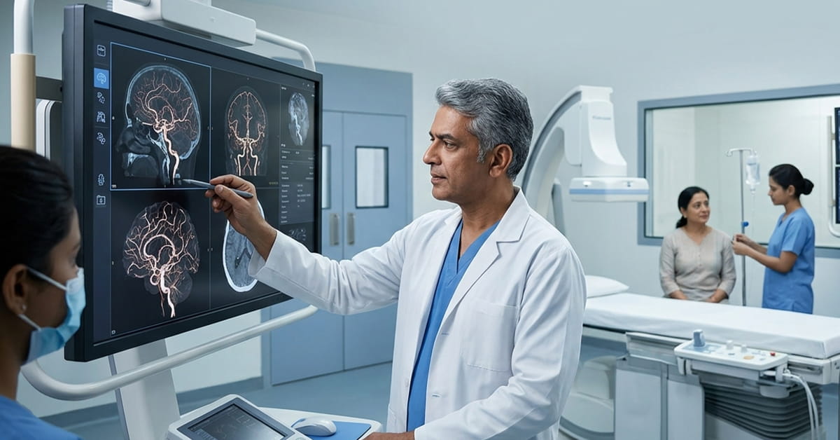 Doctor in a white coat points to brain MRI scans on a large monitor in a hospital radiology room.