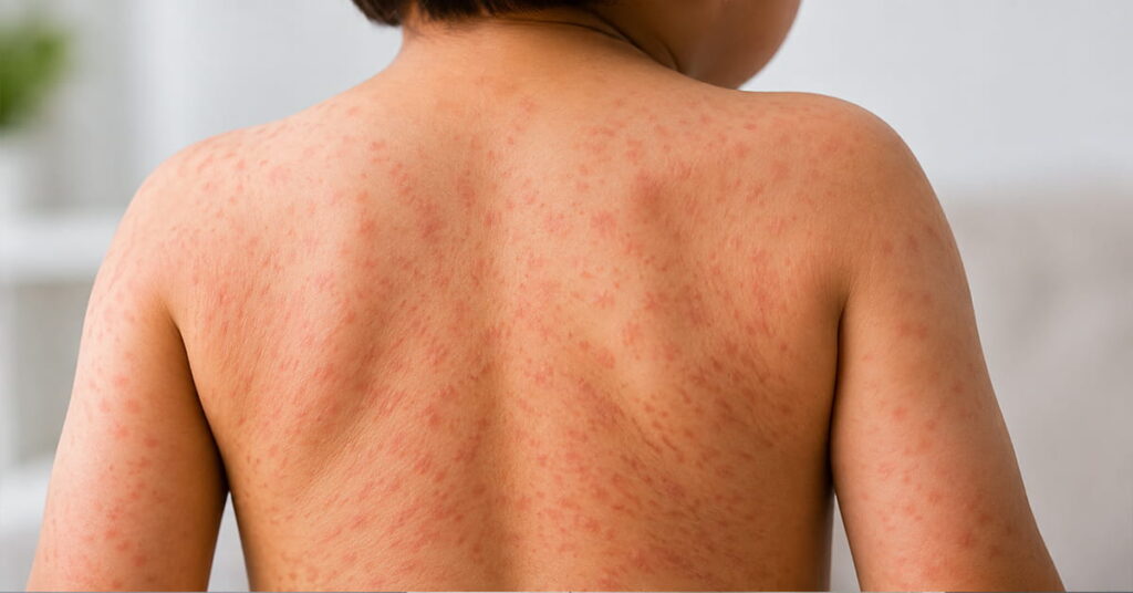 Back view of a person with a widespread red, blotchy rash across the shoulders and upper back.