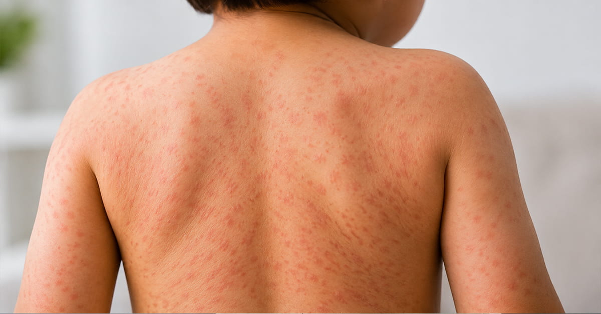 Back view of a person with a widespread red, blotchy rash across the shoulders and upper back.