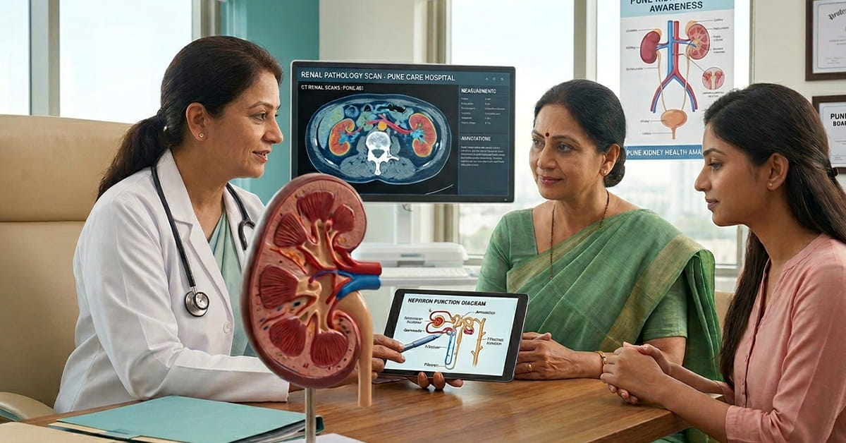 Doctor with stethoscope explains kidney anatomy to two patients using a tablet in a consultation room.