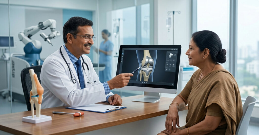 Doctor explains knee joint anatomy to a patient while pointing at a knee diagram on a computer monitor.