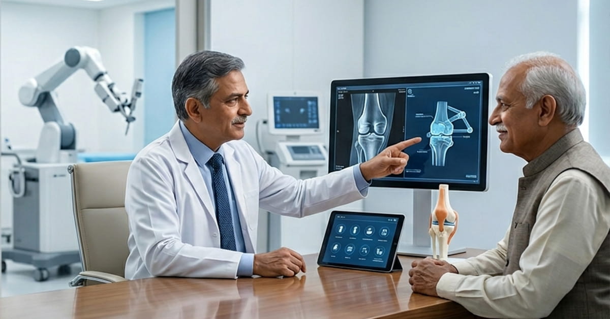 Doctor explains knee X-ray images to an elderly patient at a clinic, with a knee model on the desk.
