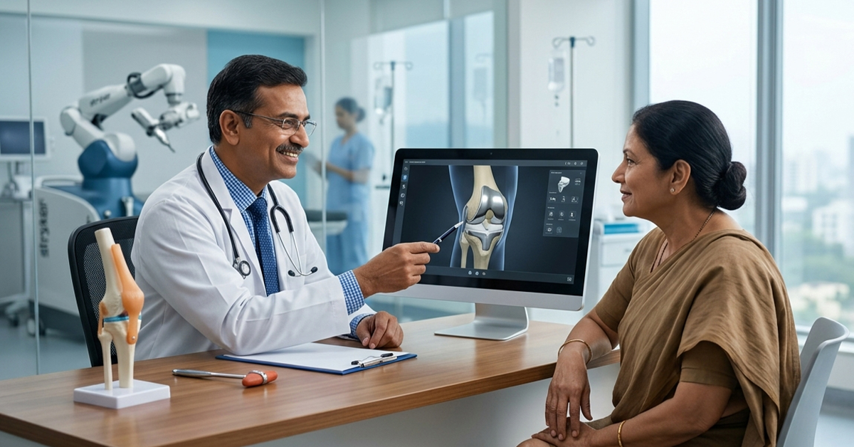 Doctor explains knee joint anatomy to a patient while pointing at a knee diagram on a computer monitor.