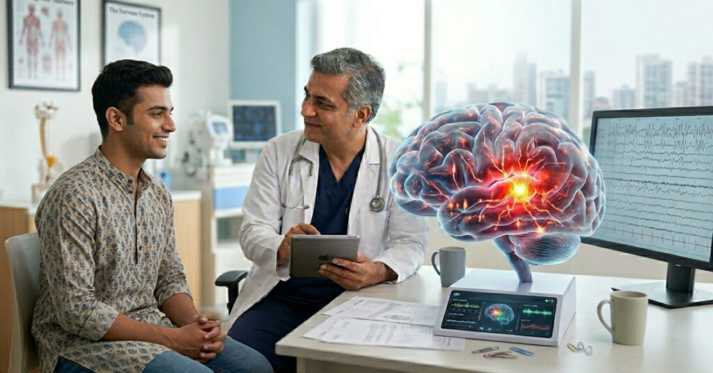 Doctor in a white coat consults with a smiling patient in a clinic; a glowing 3D brain model and brainwave readouts are displayed on screens beside them.