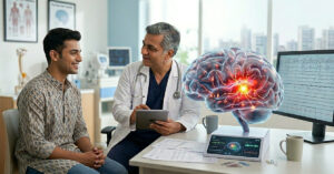Doctor in a white coat consults with a smiling patient in a clinic; a glowing 3D brain model and brainwave readouts are displayed on screens beside them.