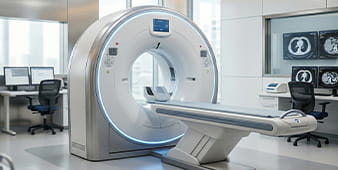 A modern CT scanner with circular gantry and adjustable patient table in a bright radiology room, ready for scans.