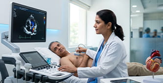 Medical professional performs an echocardiogram on a patient, with ultrasound probe on chest and heart images on the monitor.