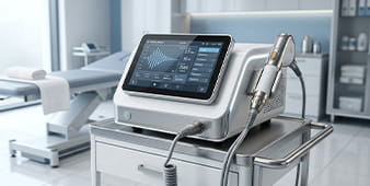 Medical device with touchscreen on a rolling cart in a clean, modern clinic.