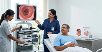 Two healthcare professionals discuss an endoscopy image on a monitor as a patient in a clinic gown sits in a treatment room.