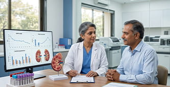 Doctor and patient discuss medical charts at a desk; monitor shows graphs and kidney diagrams in a clinical setting.