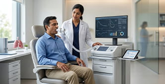 Doctor in a white coat discusses care with a seated male patient in a clinic exam room, with a medical monitor on a cart nearby.