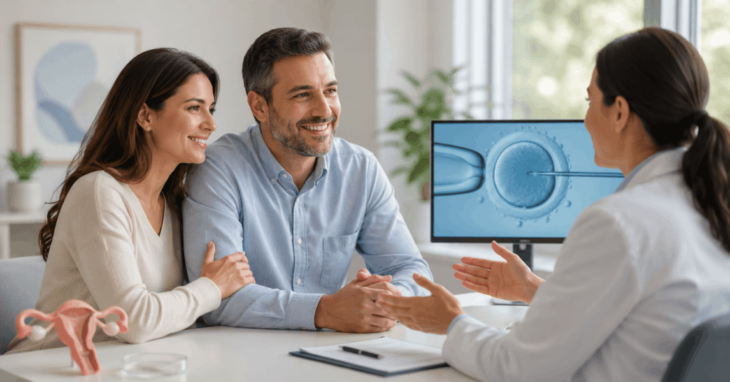 A couple consults with a doctor in a bright clinic, discussing fertility options with a monitor displaying a close-up of an embryo/egg cell.