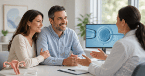 The New Face of Parenthood - Vishwaraj Hospital - Vishwaraj Hospital A couple consults with a doctor in a bright clinic, discussing fertility options with a monitor displaying a close-up of an embryo/egg cell.