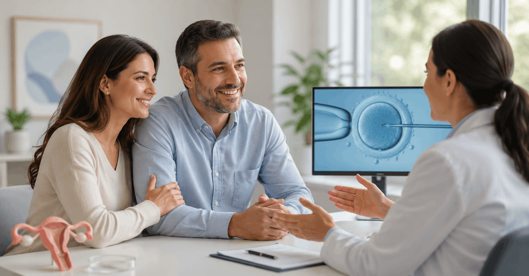 A couple consults with a doctor in a bright clinic, discussing fertility options with a monitor displaying a close-up of an embryo/egg cell.