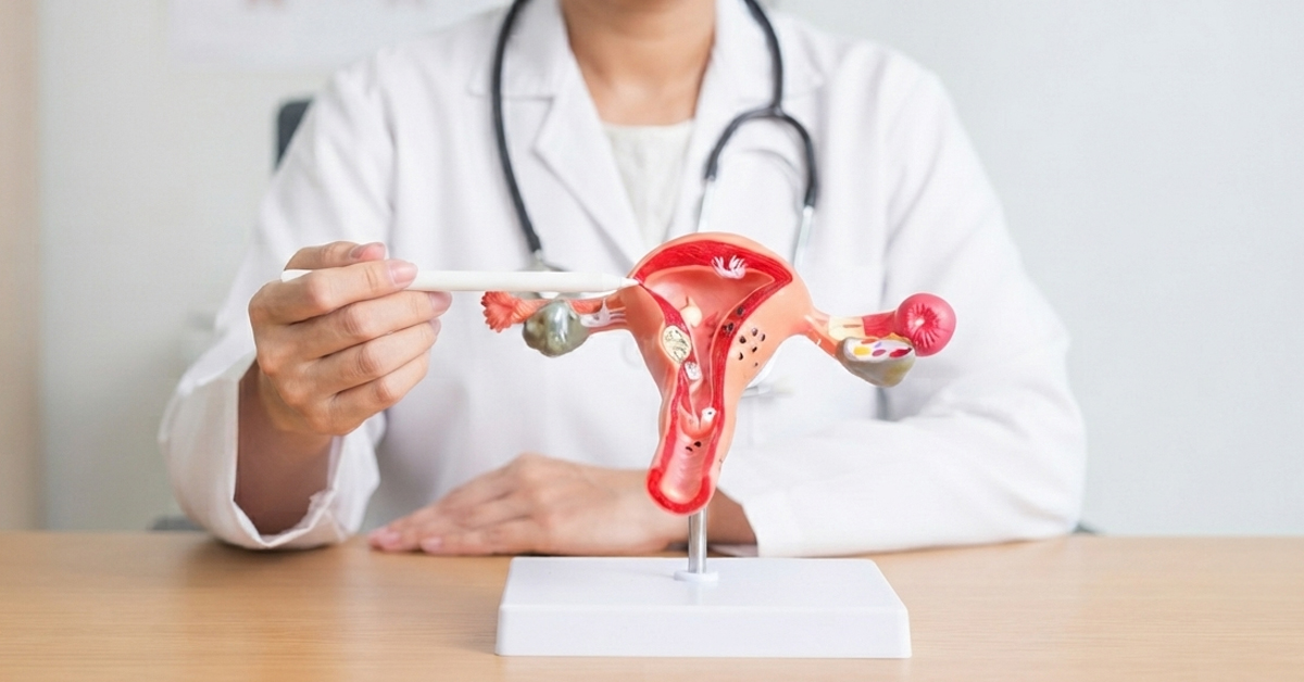Medical professional in a white coat points to a uterus model on a table, illustrating female reproductive anatomy.